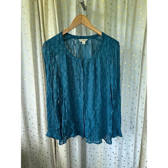 Lucky Brand Sheer Geometric Metallic Detail Button Down Long Sleeve Blouse L - Picture 2 of 5